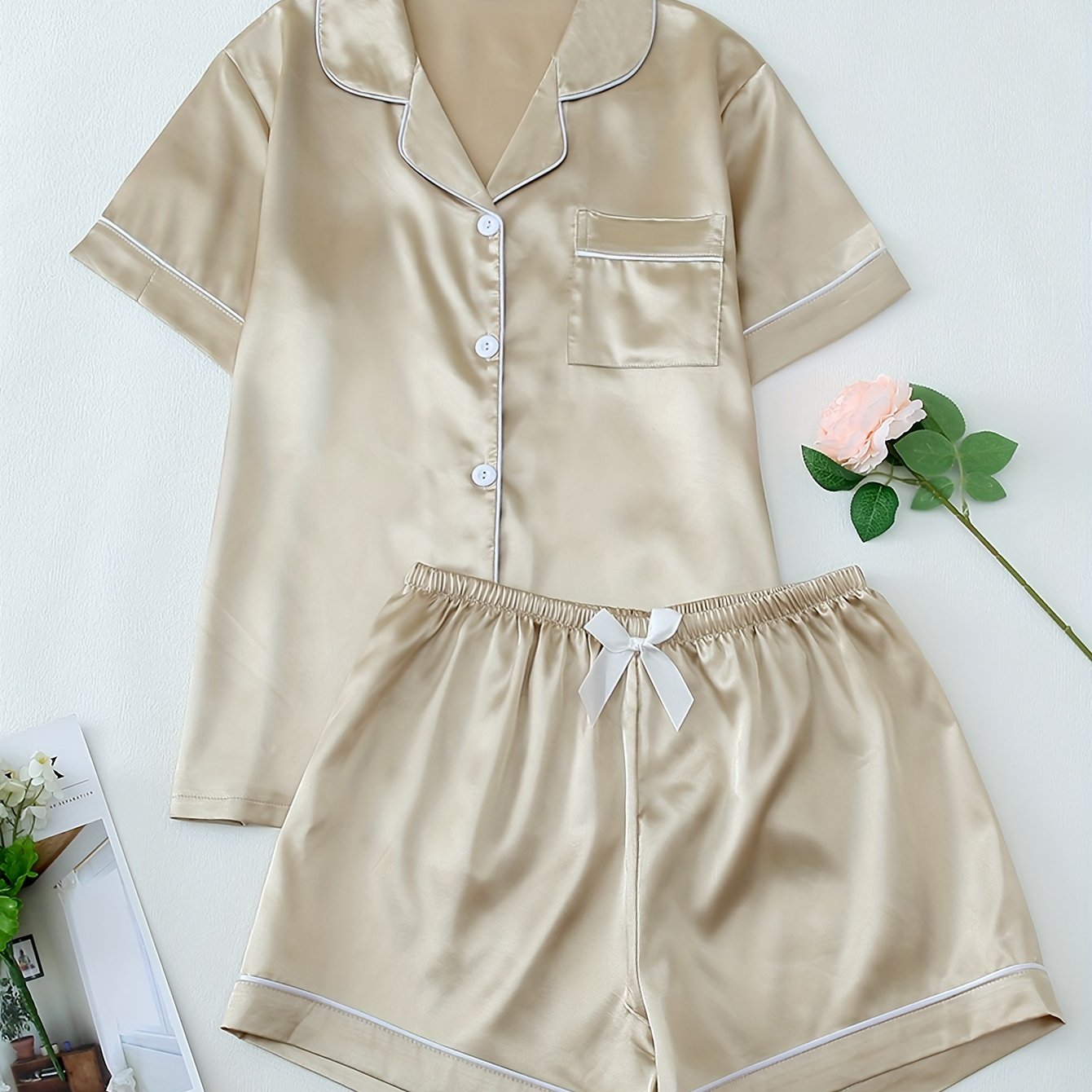 Women's pajama set with button closure top and elastic waist shorts, breathable cozy nightwear