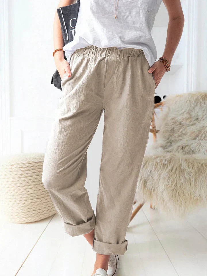 Unisex beige linen trousers relaxed fit with elastic waistband breathable all-day comfort