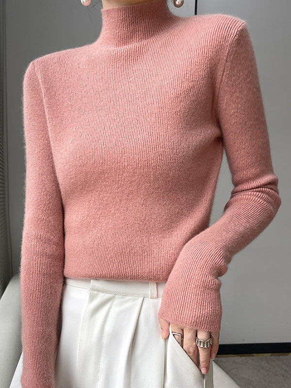 Women's ivory ribbed knit turtleneck sweater with flattering slim fit and high neck