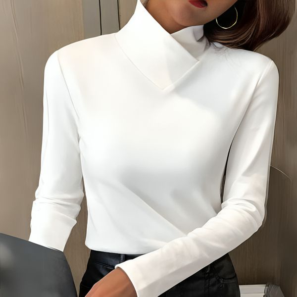 Women's black mock neck top sleek stretch fabric slim silhouette office essential