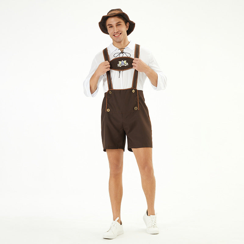 Men's brown short Lederhosen costume set with suspenders and classic white Bavarian shirt