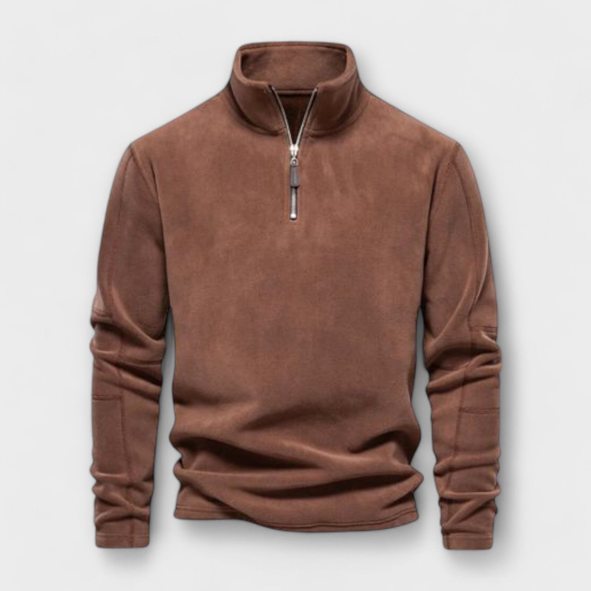 Men's relaxed-fit brushed knit mock neck quarter-zip pullover in cozy neutral tones for fall layering