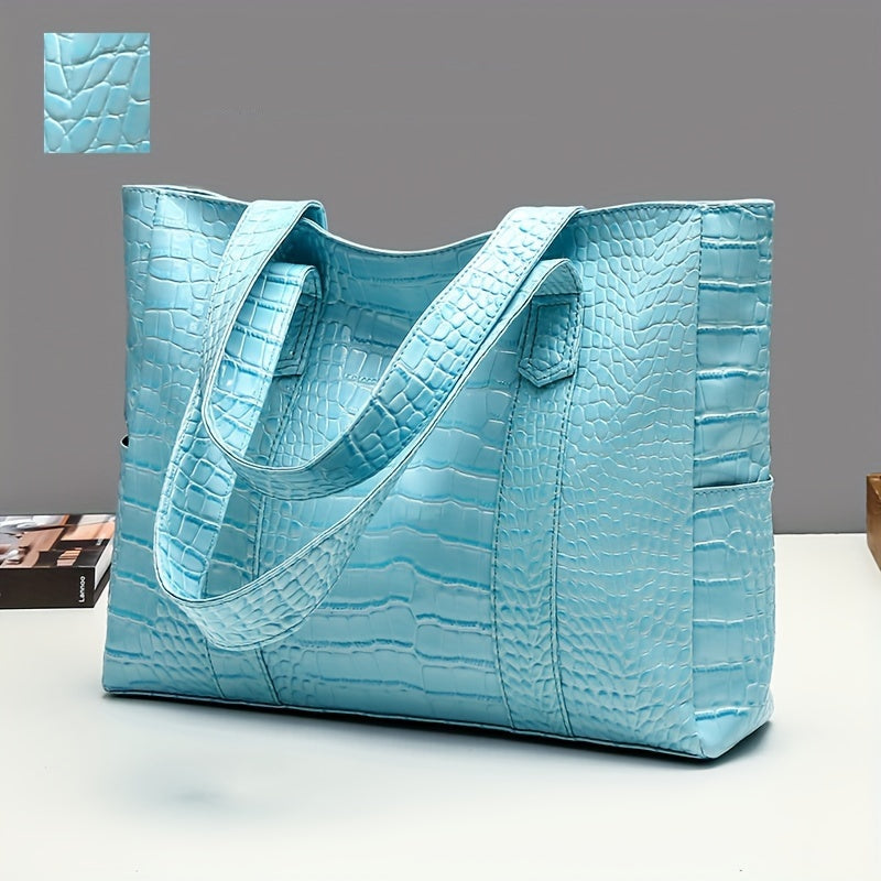 Women's large embossed tote shoulder bag with double straps and spacious interior for everyday use