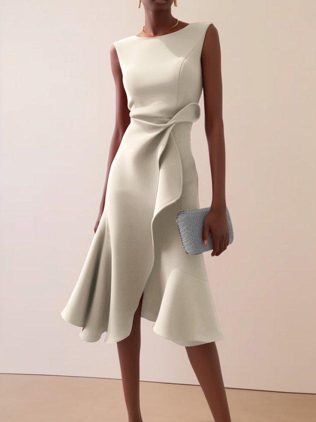 Red sleeveless midi dress with ruched twist waist, A-line silhouette for flattering day-to-night style