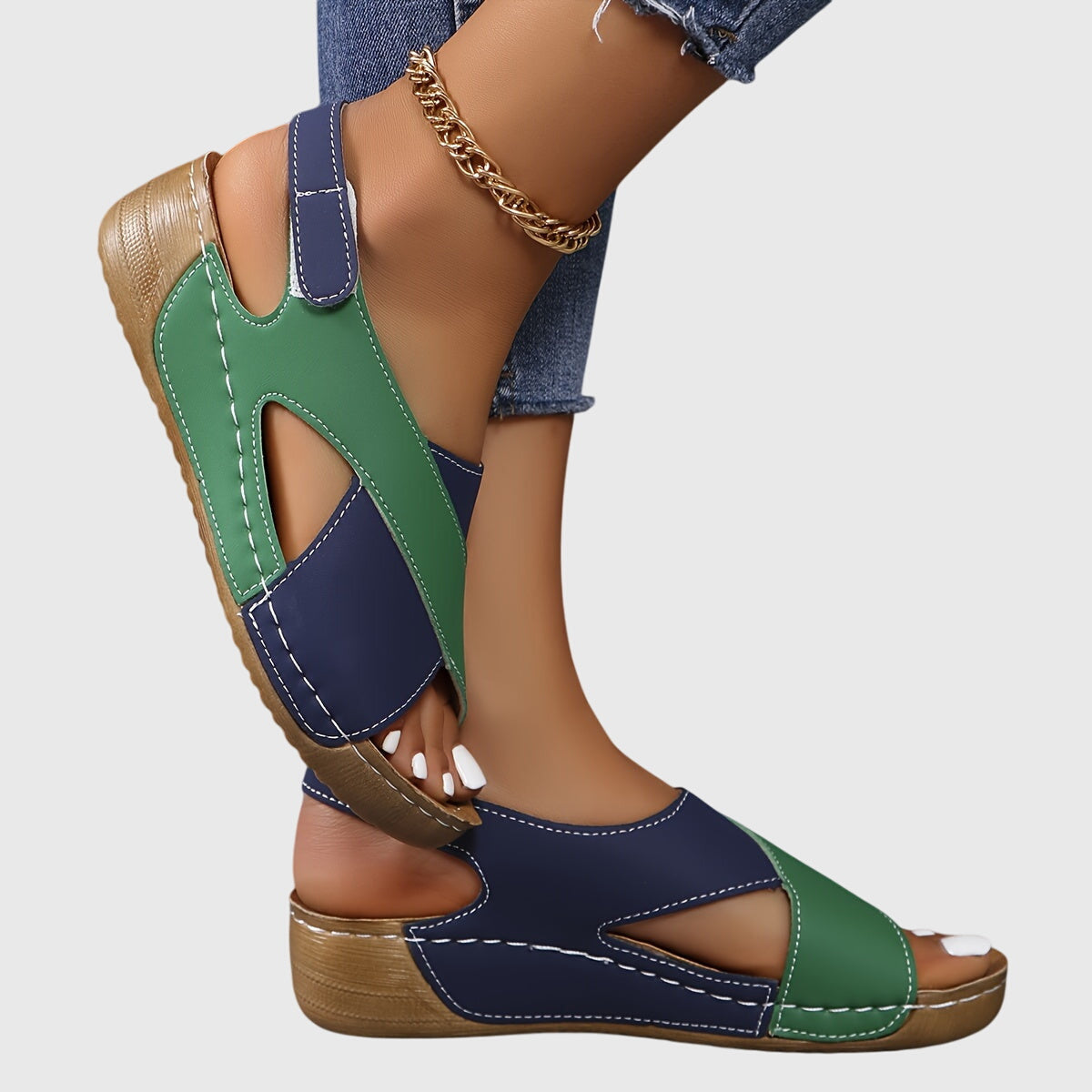Women's open toe wedge sandals in neutral tone, comfy all-day silhouette with modern daytime style