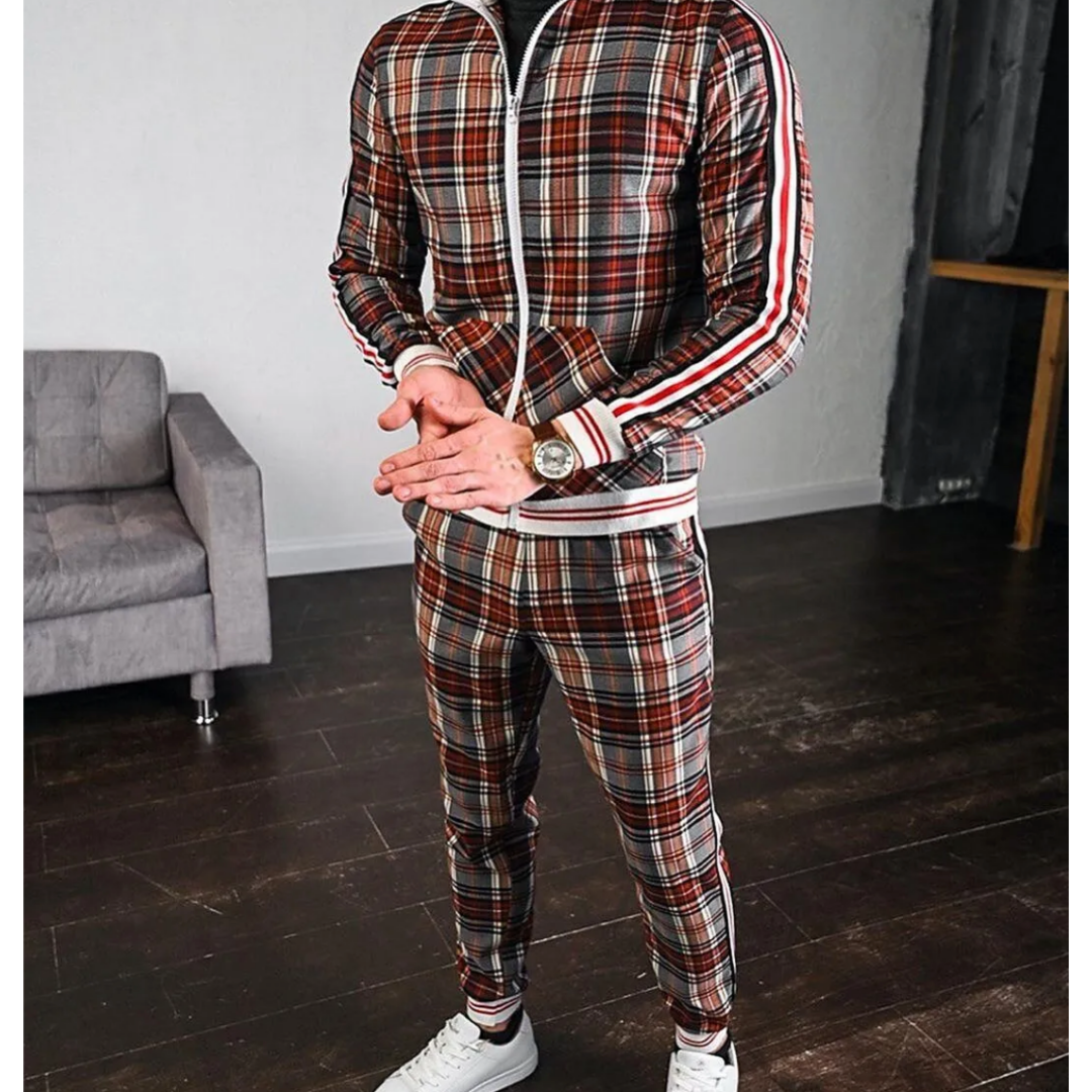 Men's plaid tracksuit two-piece set with bold side stripes, athletic fit for workouts and travel