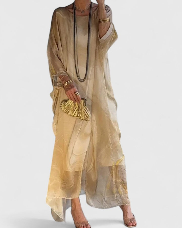 Women's loose-fit artistic maxi dress with flowing silhouette and expressive pattern detailing