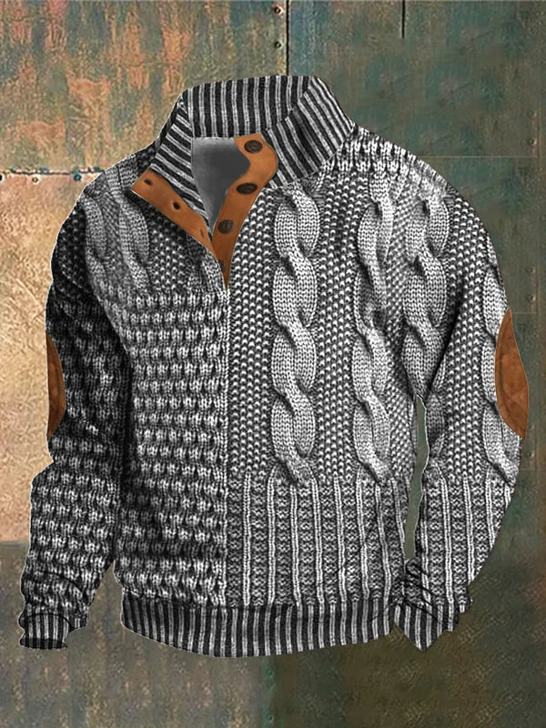 Men's winter knit sweater with button collar, elbow patches, warm ribbed fabric in neutral tone