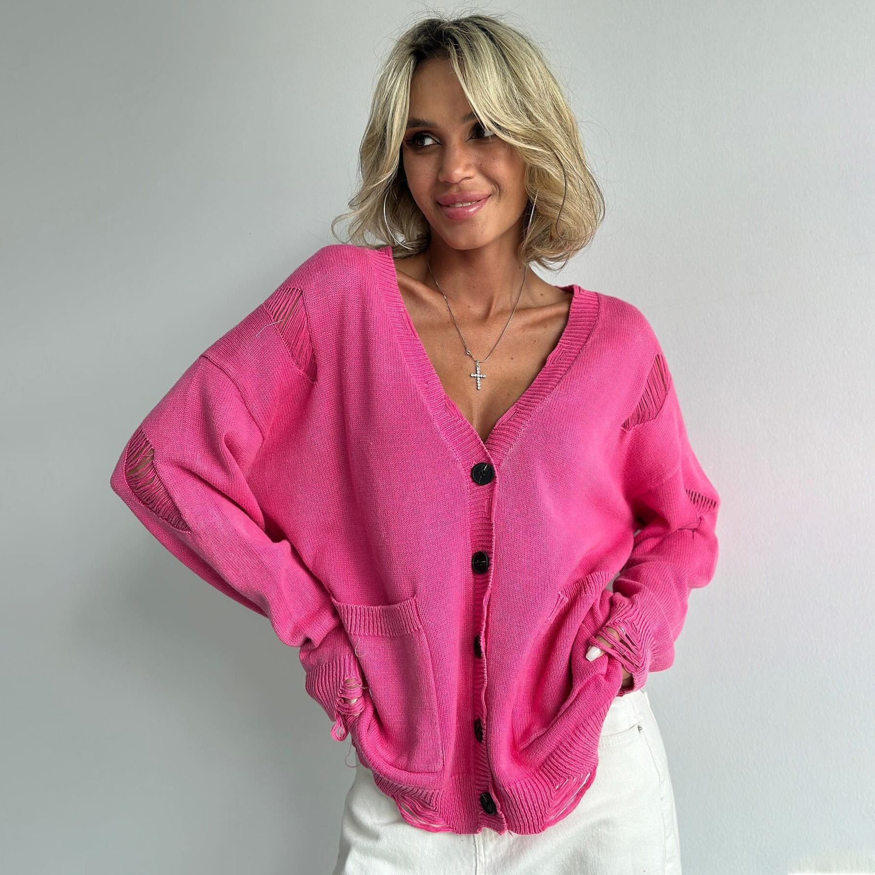 Women's washed-out knit cardigan vintage casual style soft lightweight worn-in finish
