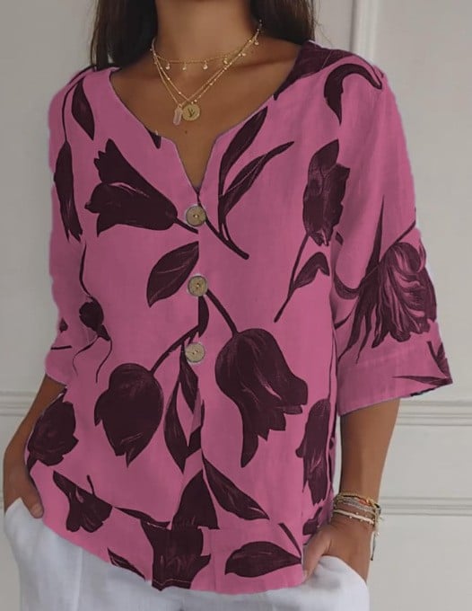 White linen-cotton V-neck blouse with vibrant red and lilac printed pattern, breathable relaxed fit