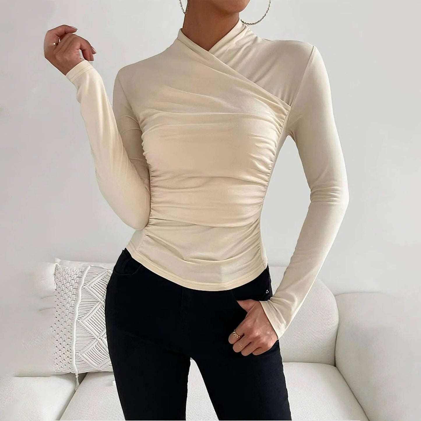 Women's wrap blouse long sleeve slim fit asymmetric high neck draped front elegant style