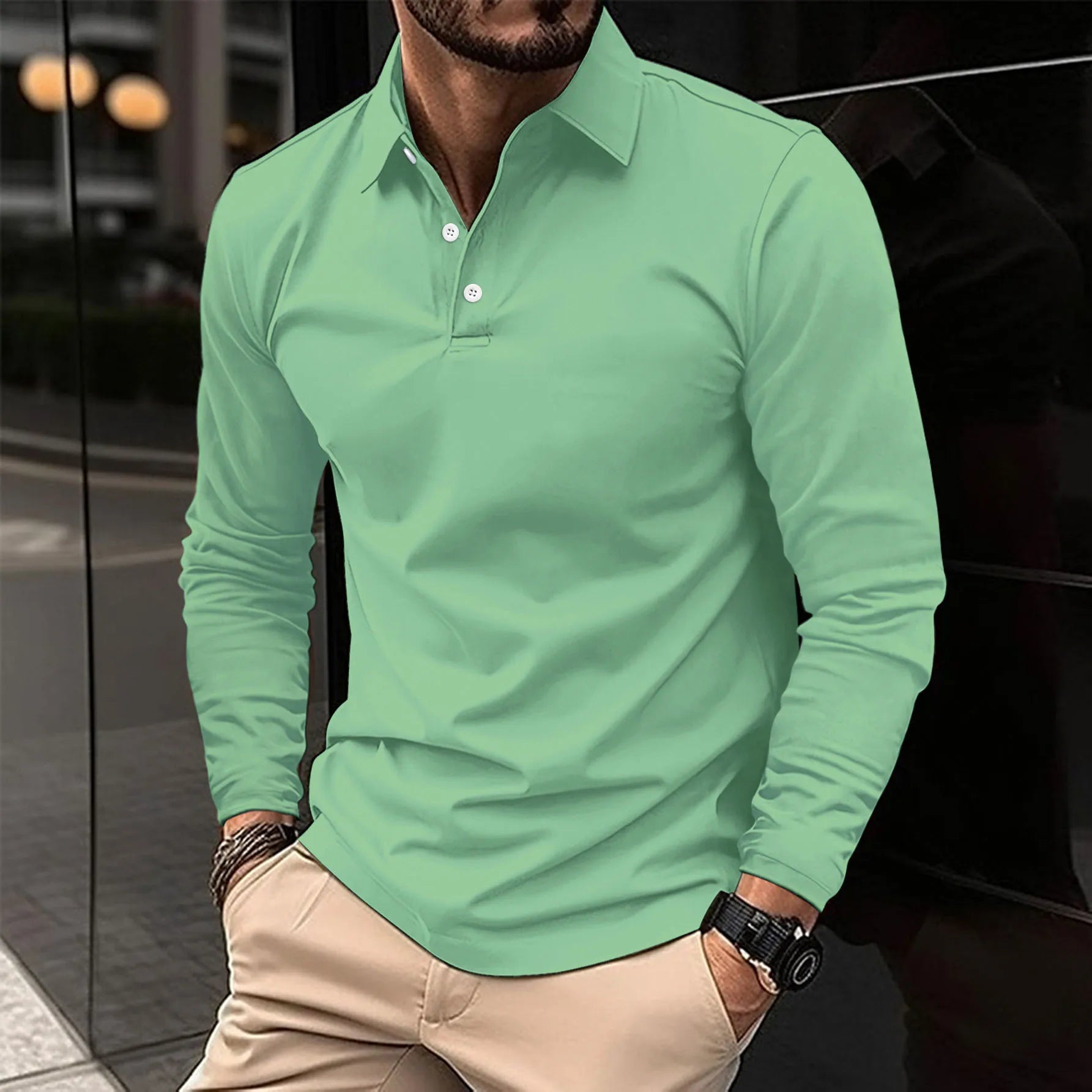 Men's navy tailored fit long sleeve polo classic collar modern professional everyday wear