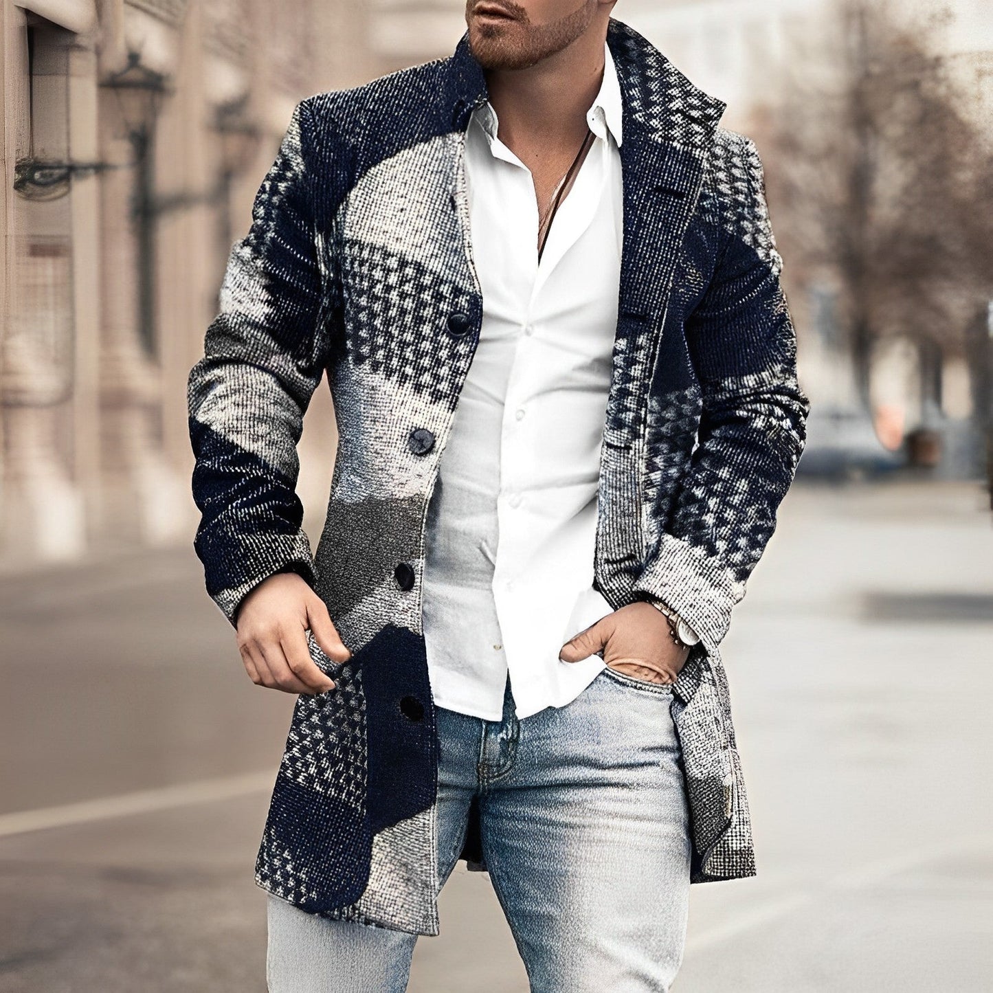 Men's long button-up coat tailored fit elegant formal casual versatile cold-season outerwear