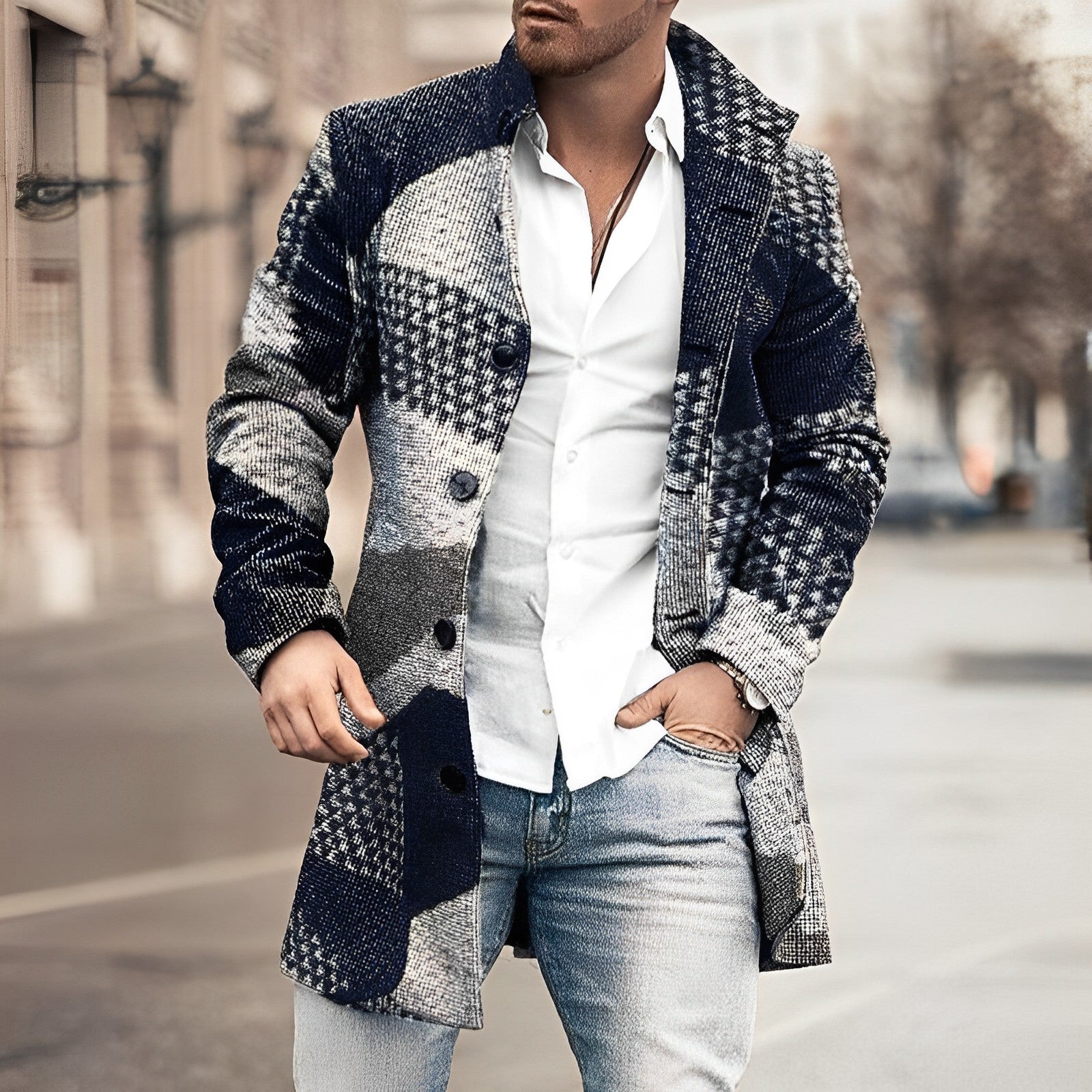 Men's long button-up coat tailored fit elegant formal casual versatile cold-season outerwear