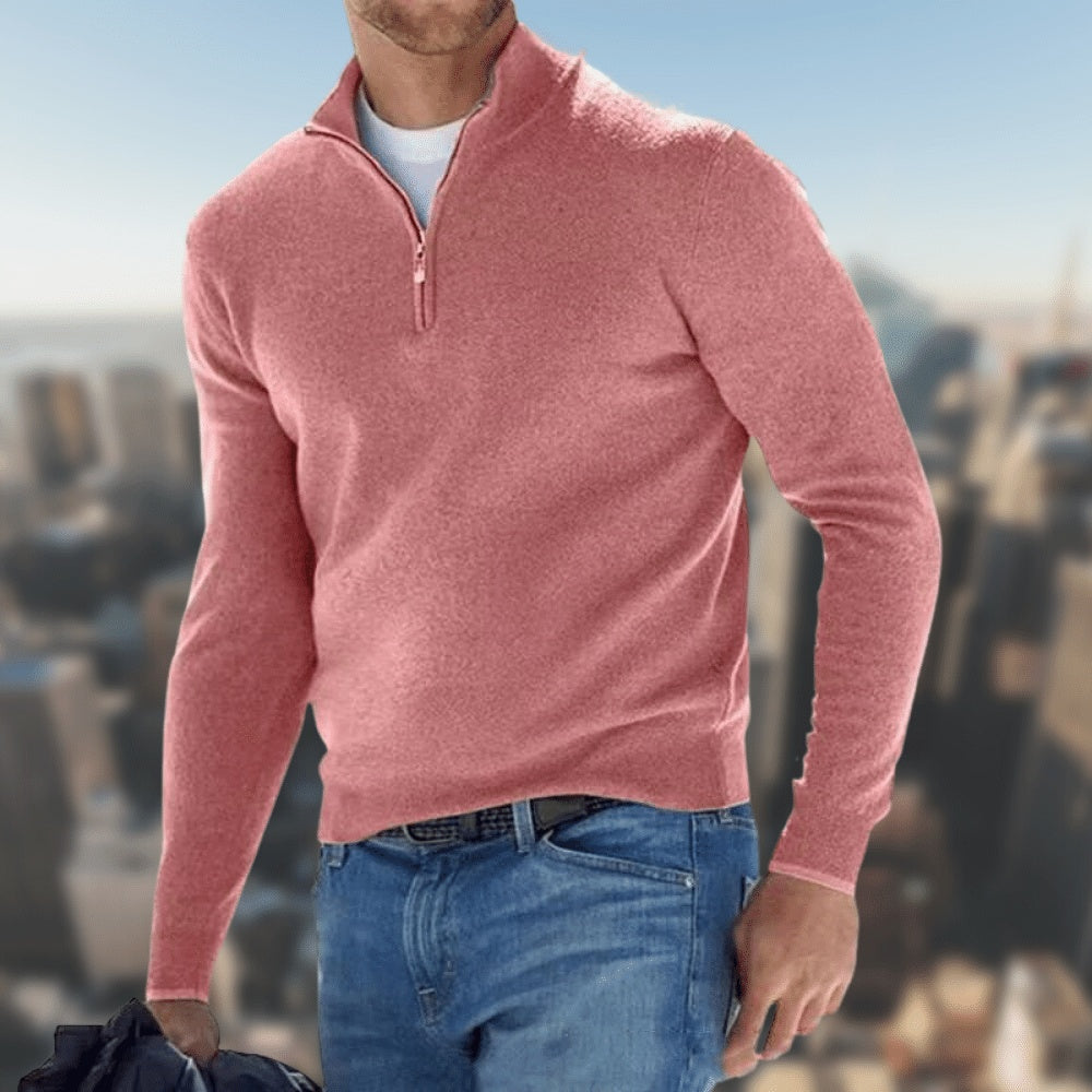 Soft knit sweater half-zip high collar loose fit casual everyday comfortable layering warmth