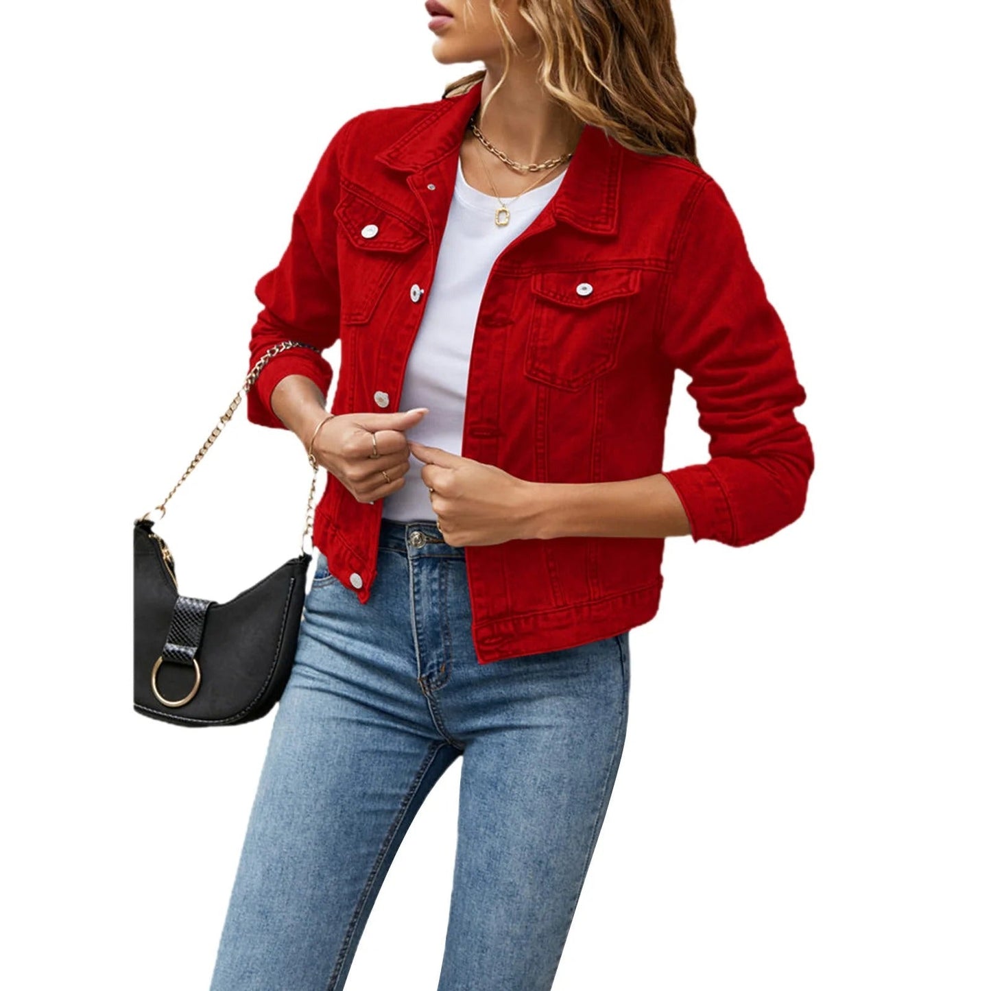 Women's classic blue denim jacket button-front closure relaxed fit timeless everyday layering style
