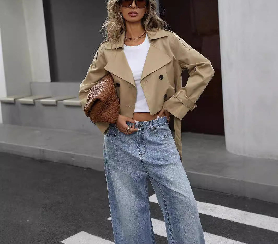 Women's cropped double-breasted trench jacket in neutral tone with waist-flattering modern silhouette
