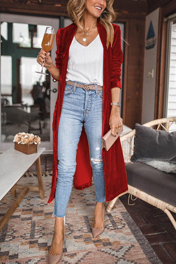 Women's calf-length velvet kimono coat loose fit long sleeve elegant party outerwear