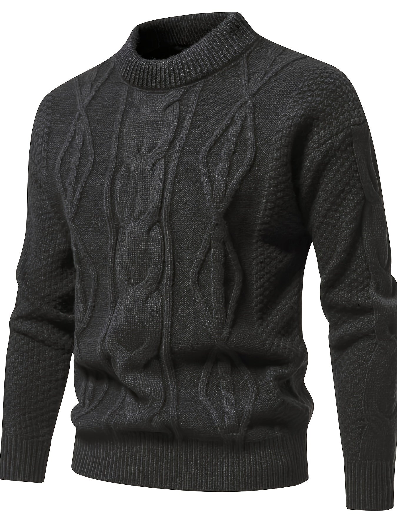 Men's solid knit sweater, vintage-style round neck pullover in monochrome with stretchy breathable fabric