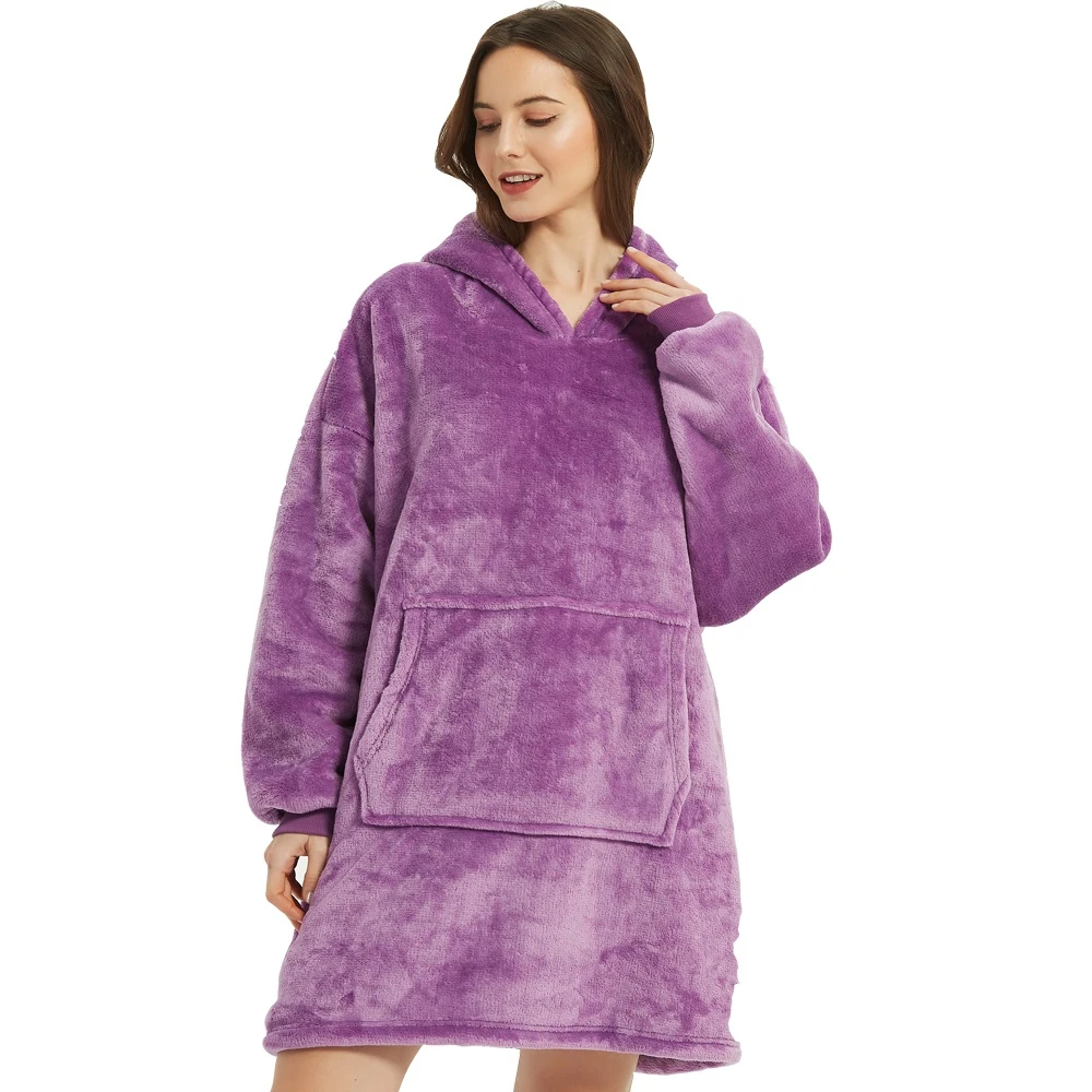 Oversized dark blue burgundy blanket hoodie with plush cream Sherpa lining ultra-cozy lounge wrap