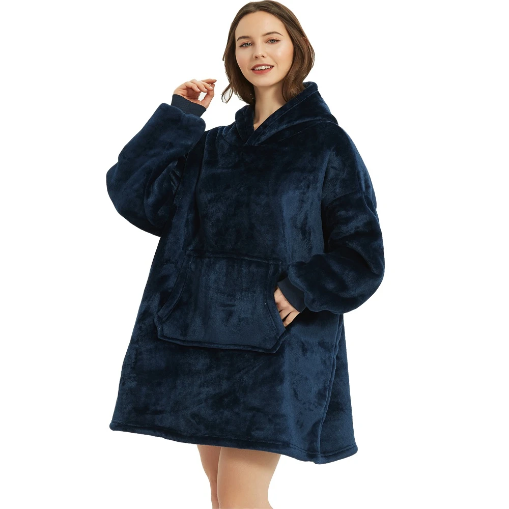 Oversized blanket hoodie dark blue burgundy fleece with plush cream Sherpa lining ultra-cozy lounge