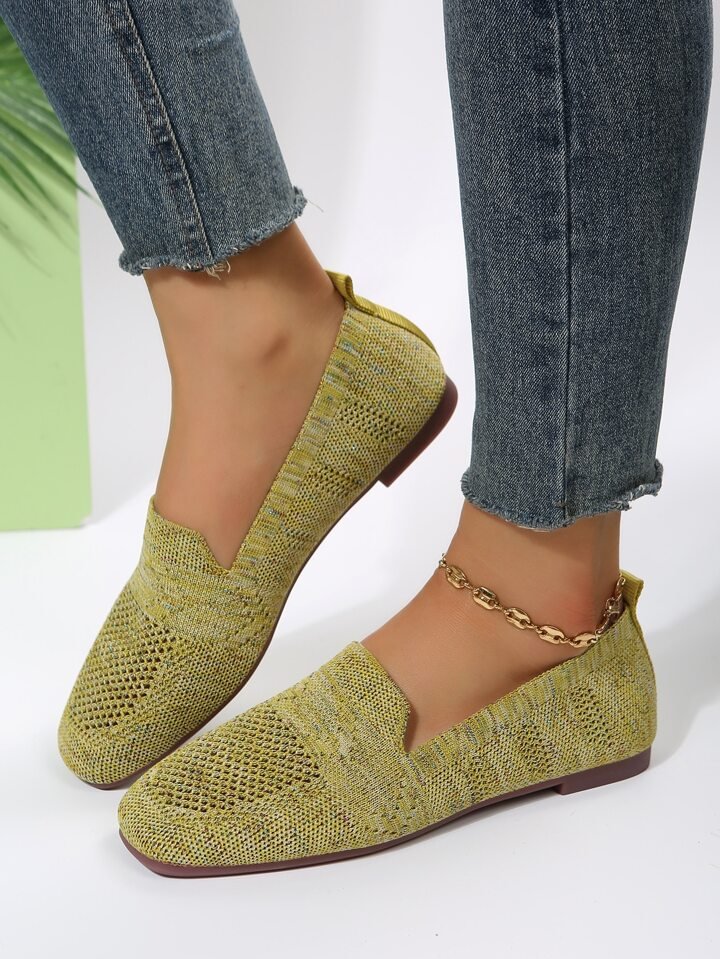 Women's beige knit slip-on flats with square toe, flexible breathable fabric for all-day comfort