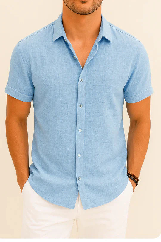 Vero Amsterdam men's short sleeve linen shirt, lightweight cotton-linen blend, minimalist everyday style
