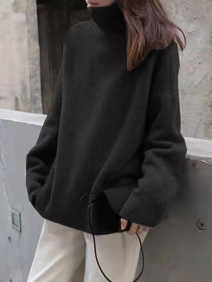 Women's cozy knit turtleneck sweater relaxed fit soft pullover timeless layering essential warmth