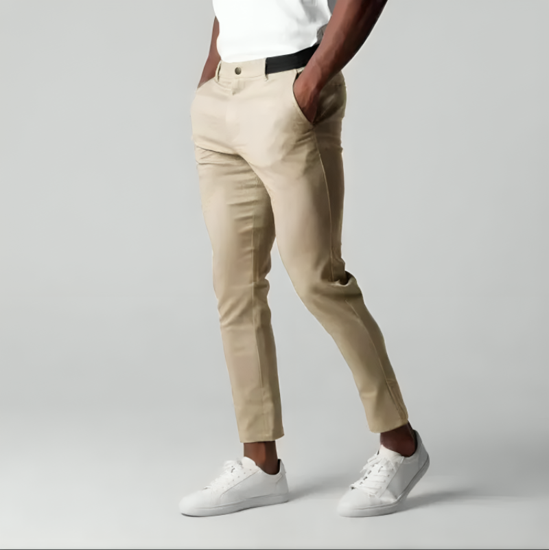 Men's tapered cotton pants flat front breathable stretch slim silhouette all-season casual trousers