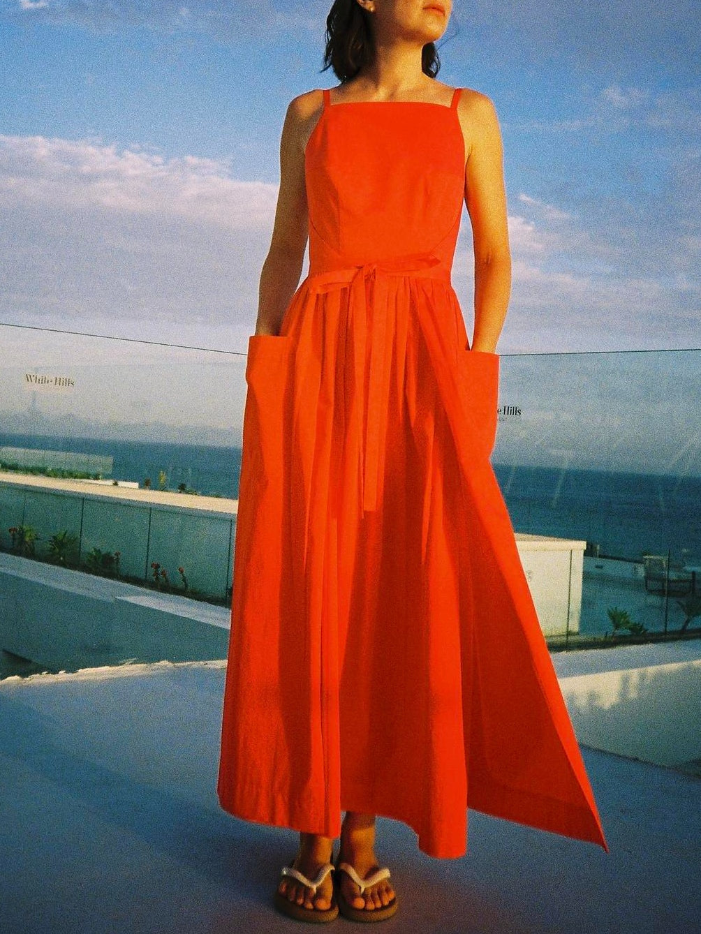 Multicolor belted midi dress no side seams square neckline delicate straps flowy silhouette women