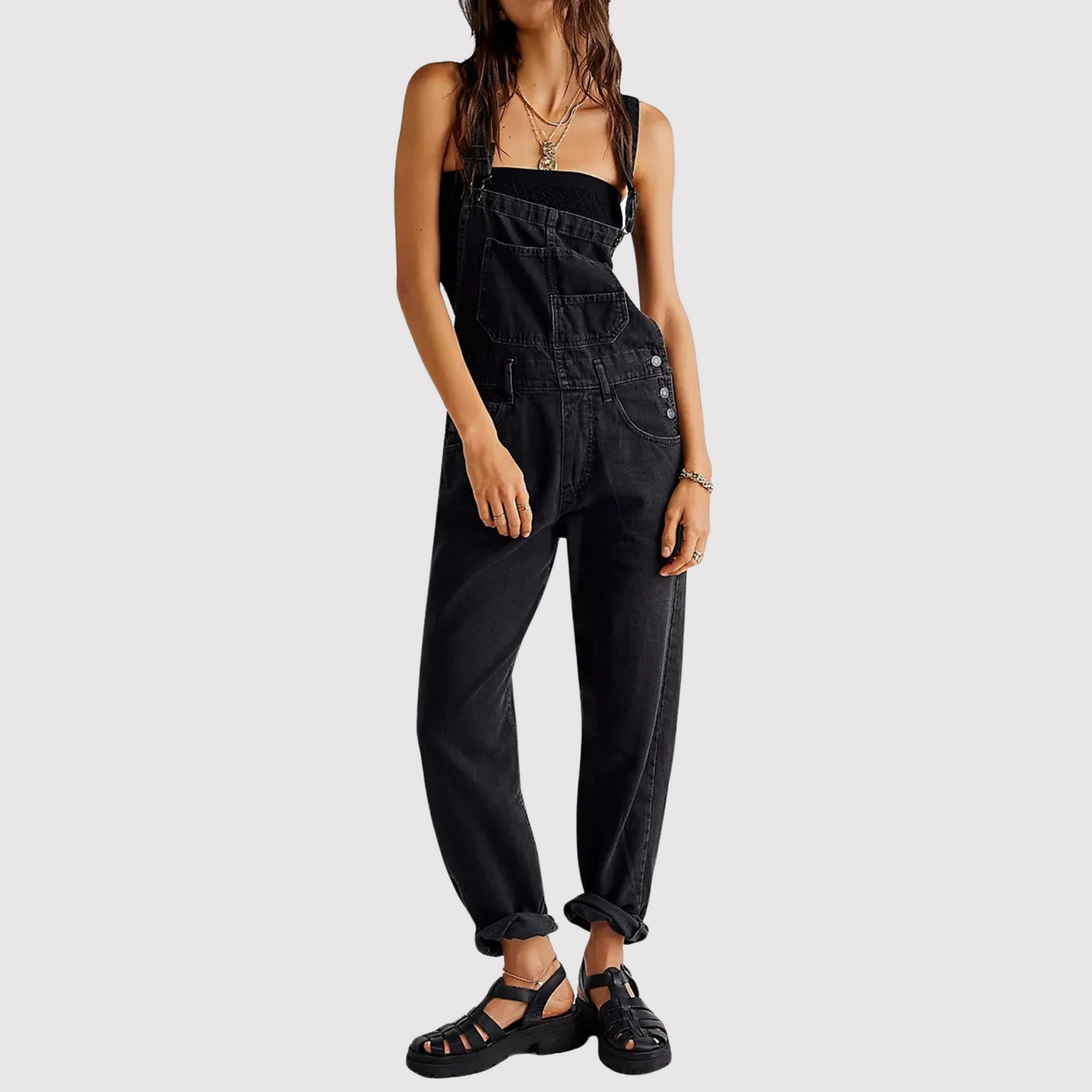 Women's casual blue denim overalls jumpsuit with adjustable shoulder straps and practical pockets