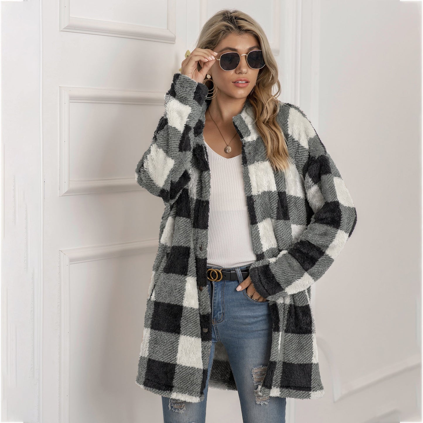 Women's longline colorblock plaid fleece coat, cozy warm winter essential with bold pattern