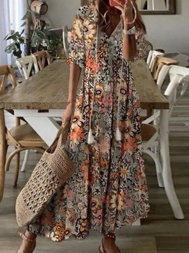 Women's printed V-neck maxi dress loose fit casual long silhouette for vacation everyday wear