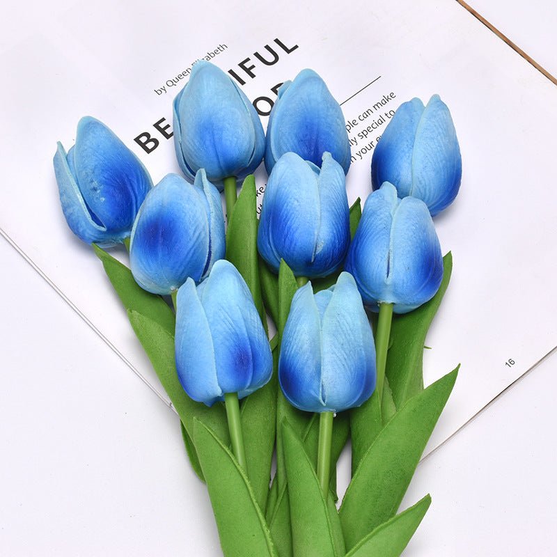 Yellow artificial tulip bouquet with realistic green leaf detailing and soft-touch lifelike petals for home decor
