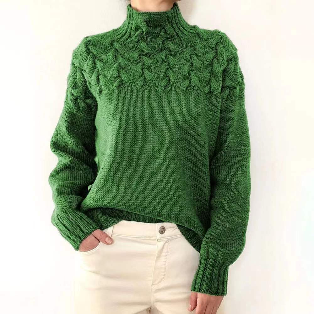 Women's solid color cozy turtleneck sweater with long sleeves, medium-weight knit for layering