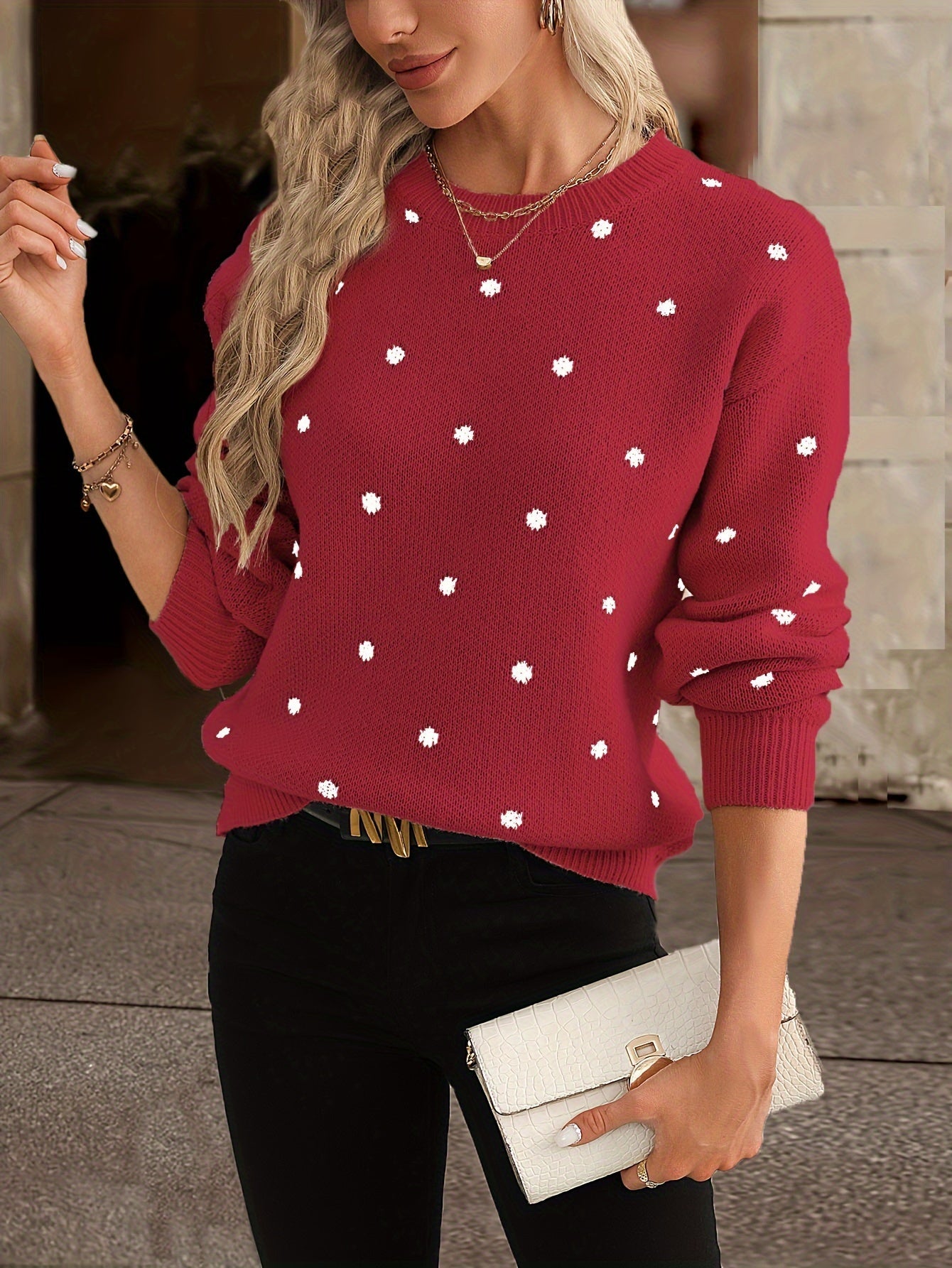 Women's Zara soft knit polka dot sweater, cozy casual elegant style for autumn winter