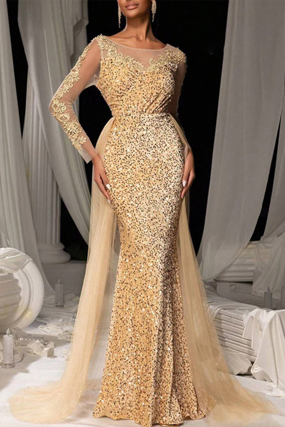 Dark brown sequined lace tulle mermaid maxi evening gown with dramatic flared overskirt