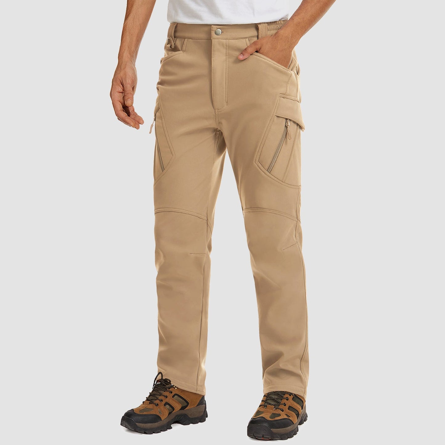 Men's fleece-lined ripstop tactical pants with 9 pockets, water-repellent stretch fabric for outdoor use