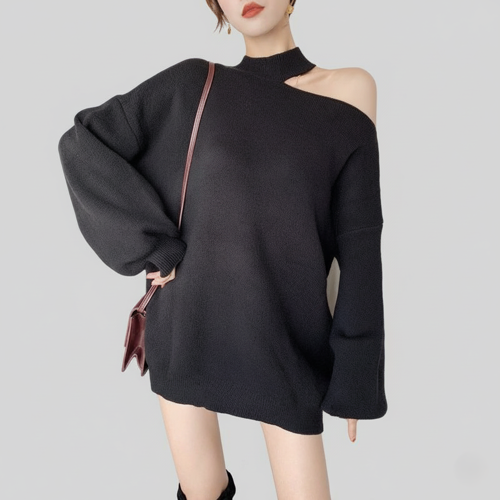 Women's oversized one-shoulder sweater pullover with choker neckline, cozy trendy cool-weather style