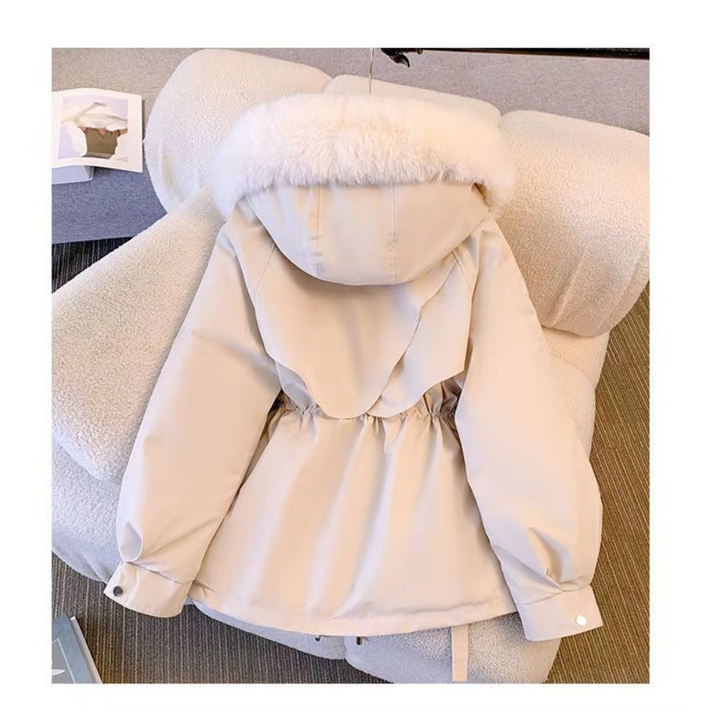 Women's cozy faux fur winter coat with removable hood, sleek silhouette, all-day warmth