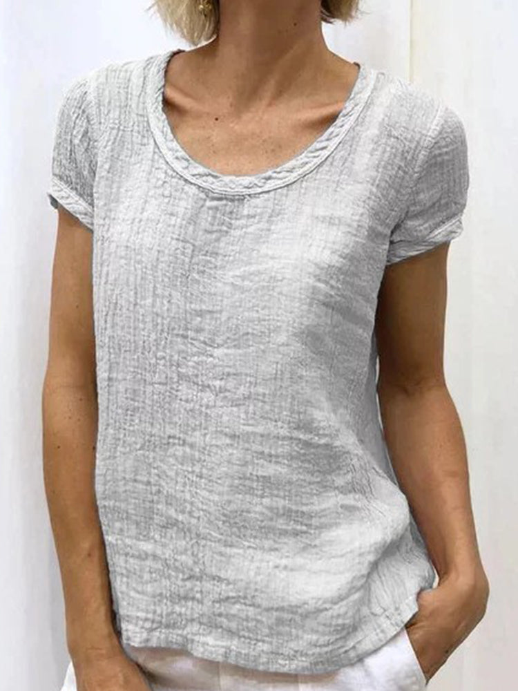 Unisex solid cotton linen casual shirt round neck breathable relaxed fit all-season comfort