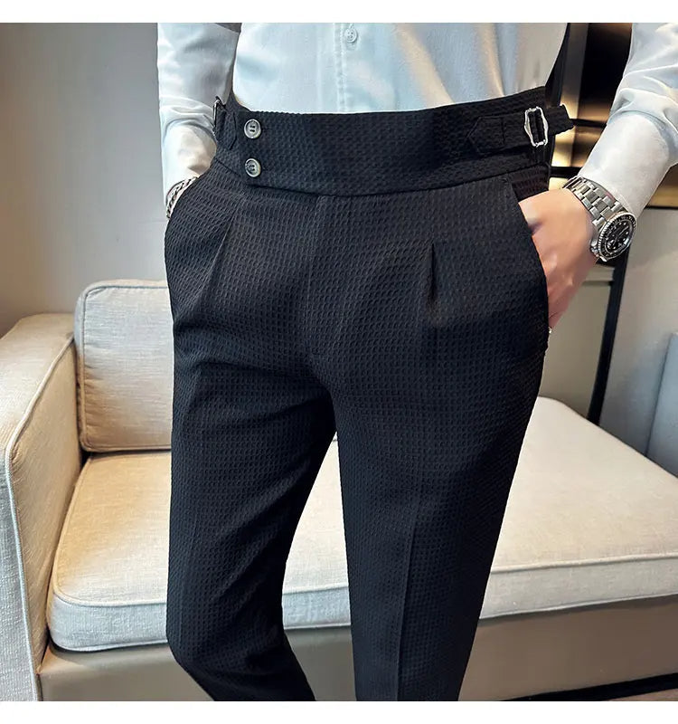 Men's slim fit high waist waffle textured trousers with pleated front and adjustable side straps