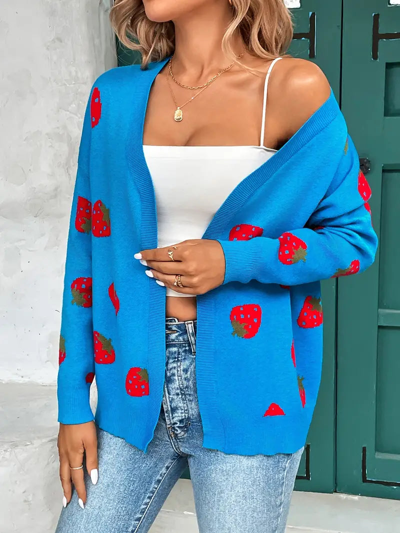 Women's oversized open-front knit cardigan with playful strawberry pattern, cozy relaxed fit