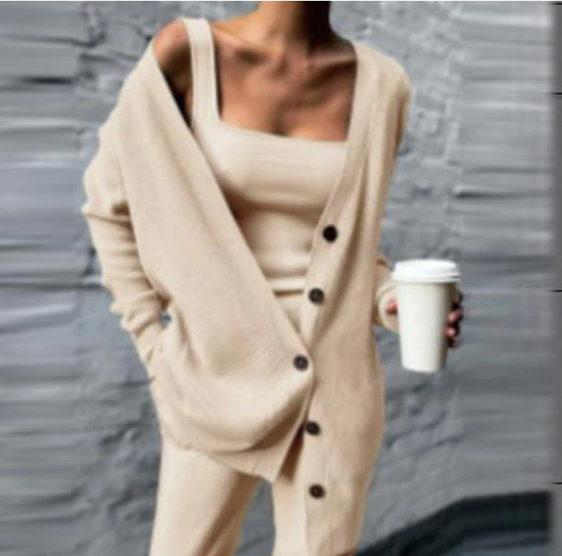 Women's knitted three-piece loungewear set in soft polyester, long-sleeve cardigan with matching top and bottom