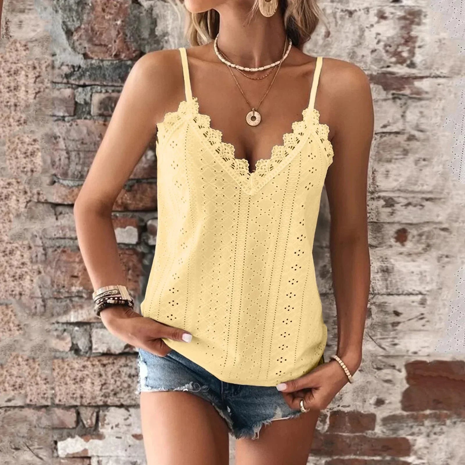 Women's sleeveless V-neck summer top, lightweight geometric pattern with delicate lace trim