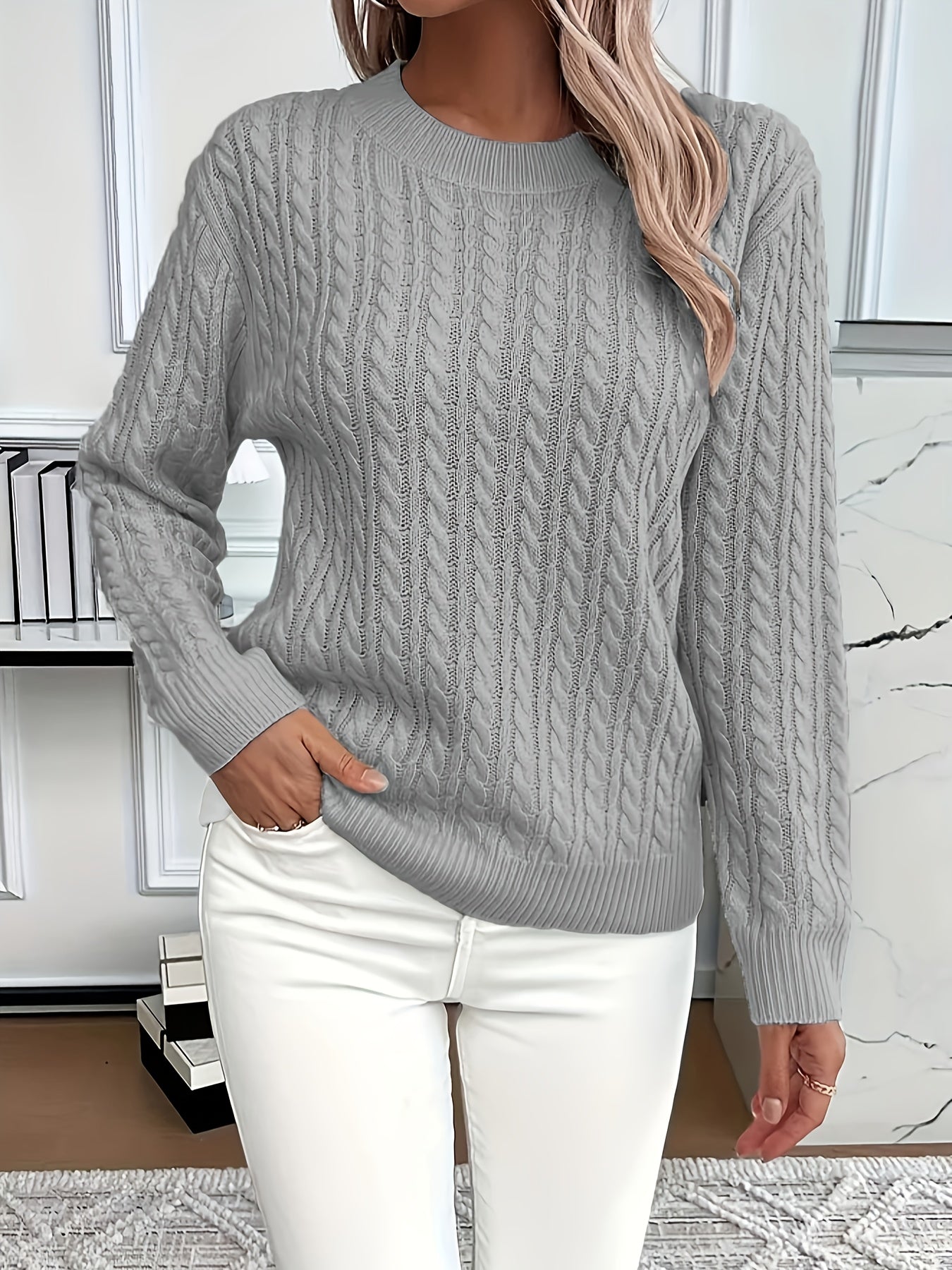 Women's cream cable knit crewneck sweater relaxed fit with classic textured pattern for everyday layering