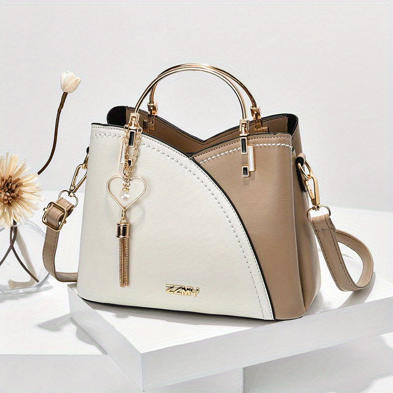 Women color block structured tote crossbody bag with detachable strap, bold contrast design, elegant everyday use