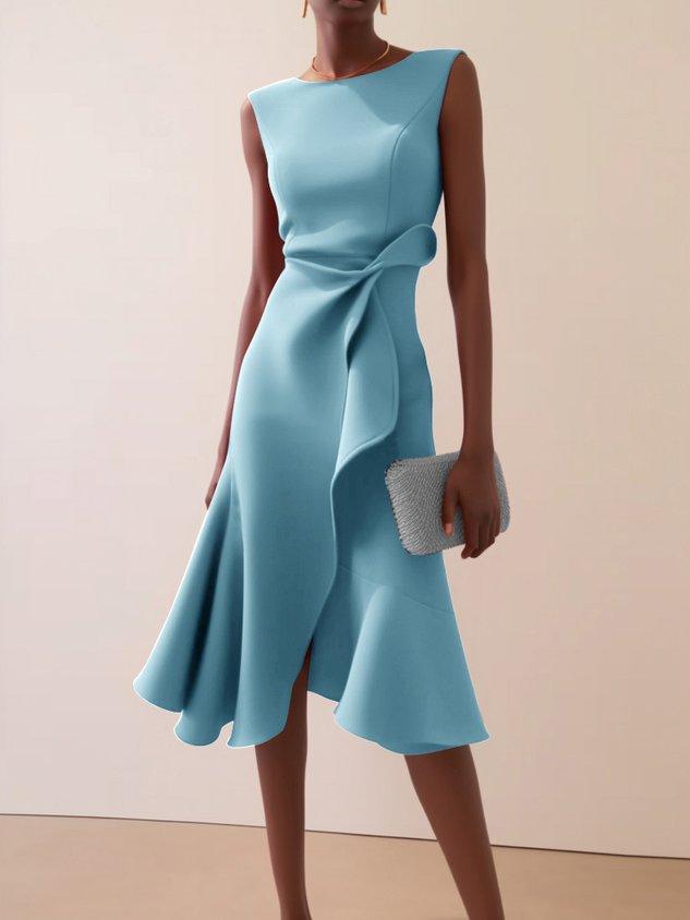 Red sleeveless midi dress with ruched twist waist, A-line silhouette, rich red hue, day to night