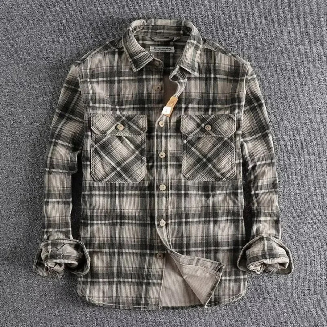 Unisex relaxed fit corduroy plaid shirt in washed finish, versatile as jacket or top