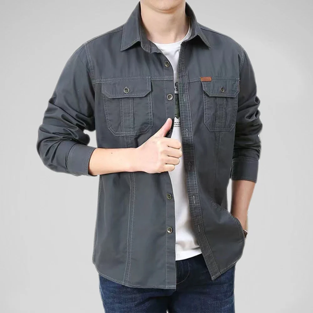 Men's cotton multi-pocket shirt structured relaxed fit versatile design for work and weekend wear